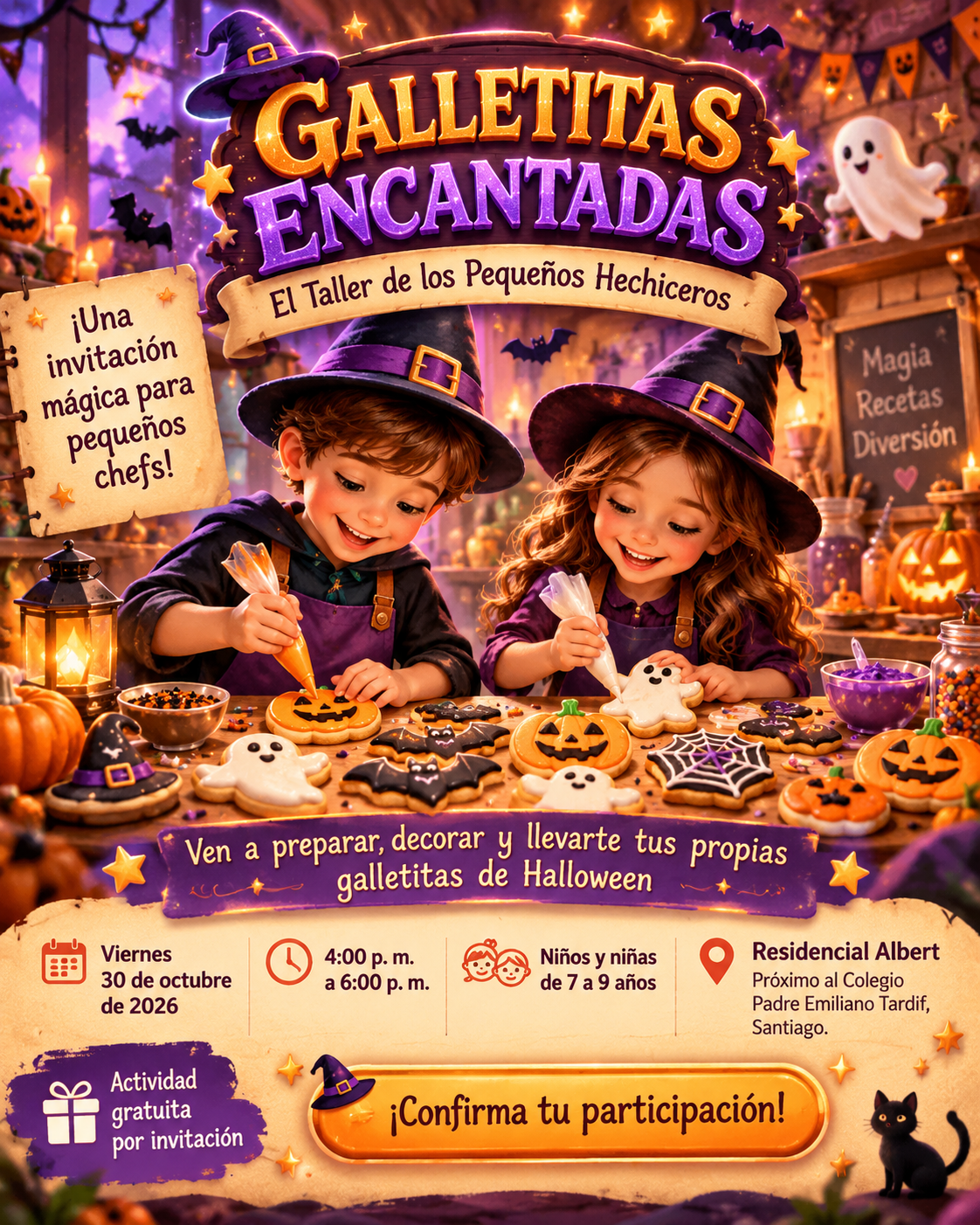 Flyer ilustrado de Galletitas Encantadas con niños hechiceros decorando galletas de Halloween